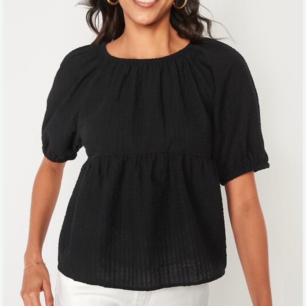 Puff-Sleeve Seersucker Babydoll Swing Black Blouse Women Petite XS